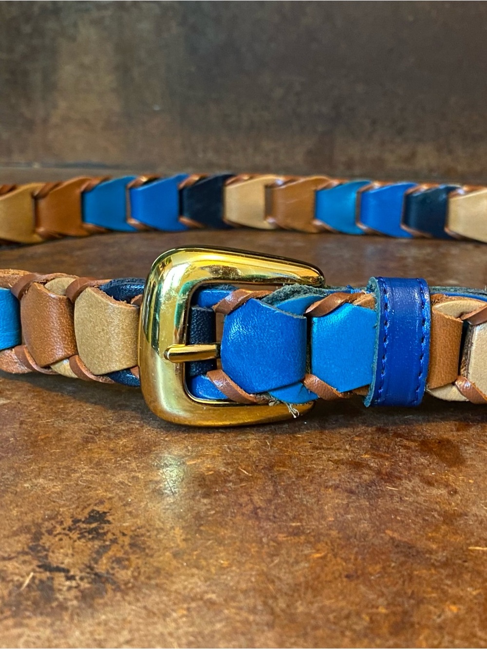 Vintage 1980s Multi-color Blue and brown braided woven leather belt gold buckle